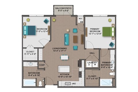 Floor plan for 2 beds, 2 baths, 1100 sqft