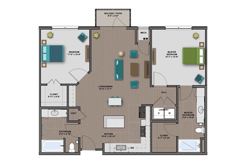 Floor plan for 2 beds, 2 baths, 1100 sqft