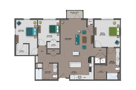 Floor plan for 3 beds, 2 baths, 1337 sqft