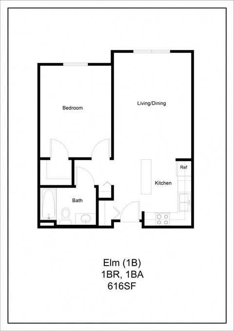 Floor plan for 1 bed, 1 bath, 616 sqft