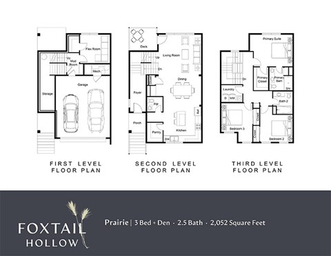 Floor plan for 3 beds, 2.5 baths, 2052 sqft