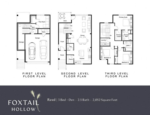 Floor plan for 3 beds, 2.5 baths, 2052 sqft