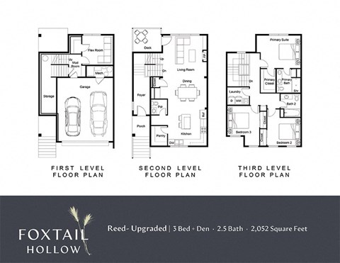 Floor plan for 3 beds, 2.5 baths, 2052 sqft