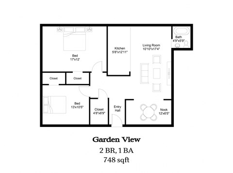 Floor plan for 2 beds, 1 bath, 748 sqft