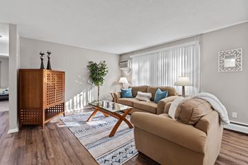 Brooklyn Park apartment for rent - A living room with a brown couch and a wooden cabinet.