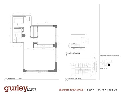Floor plan for 1 bed, 1 bath, 819 sqft