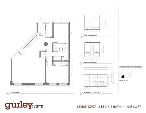 Floor plan for 2 beds, 1 bath, 1048 sqft