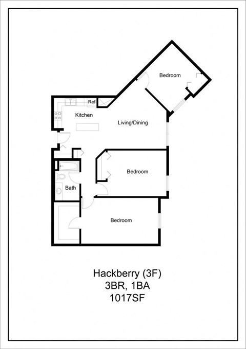 Floor plan for 3 beds, 1 bath, 1017 sqft