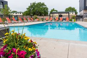 Saint Paul apartment for rent - a swimming pool with chairs and flowers around it