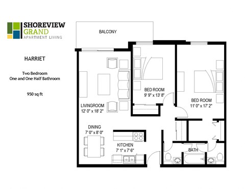 Floor plan for 2 beds, 1 bath, 950 sqft
