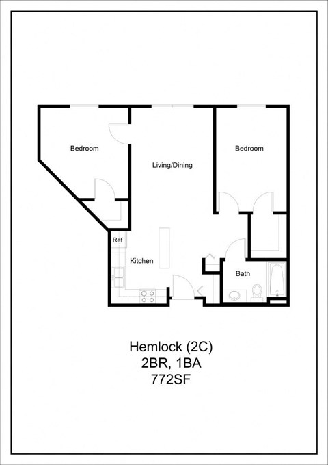 Floor plan for 2 beds, 1 bath, 772 sqft