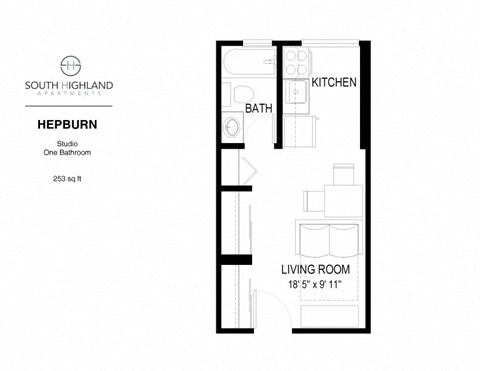 Floor plan for studio, 1 bath, 253 sqft