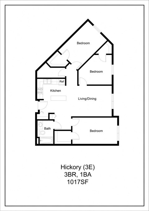 Floor plan for 3 beds, 1 bath, 1017 sqft