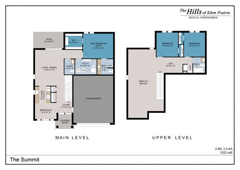 Floor plan for 3 beds, 2.5 baths, 1522 sqft