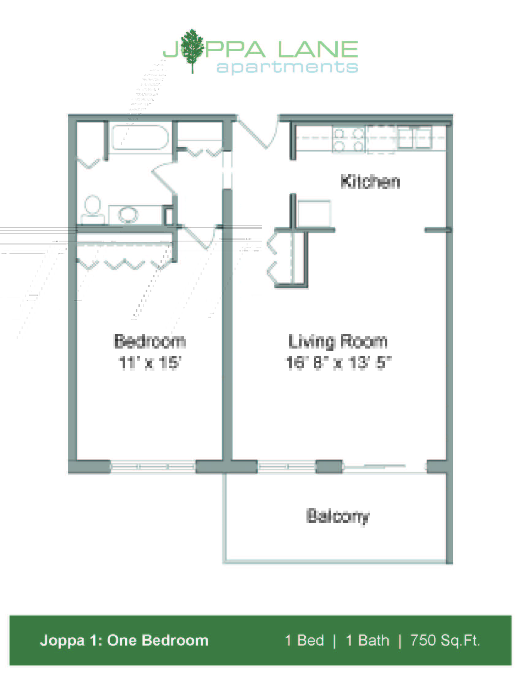 Floor plan for 1 bed, 1 bath, 750 sqft