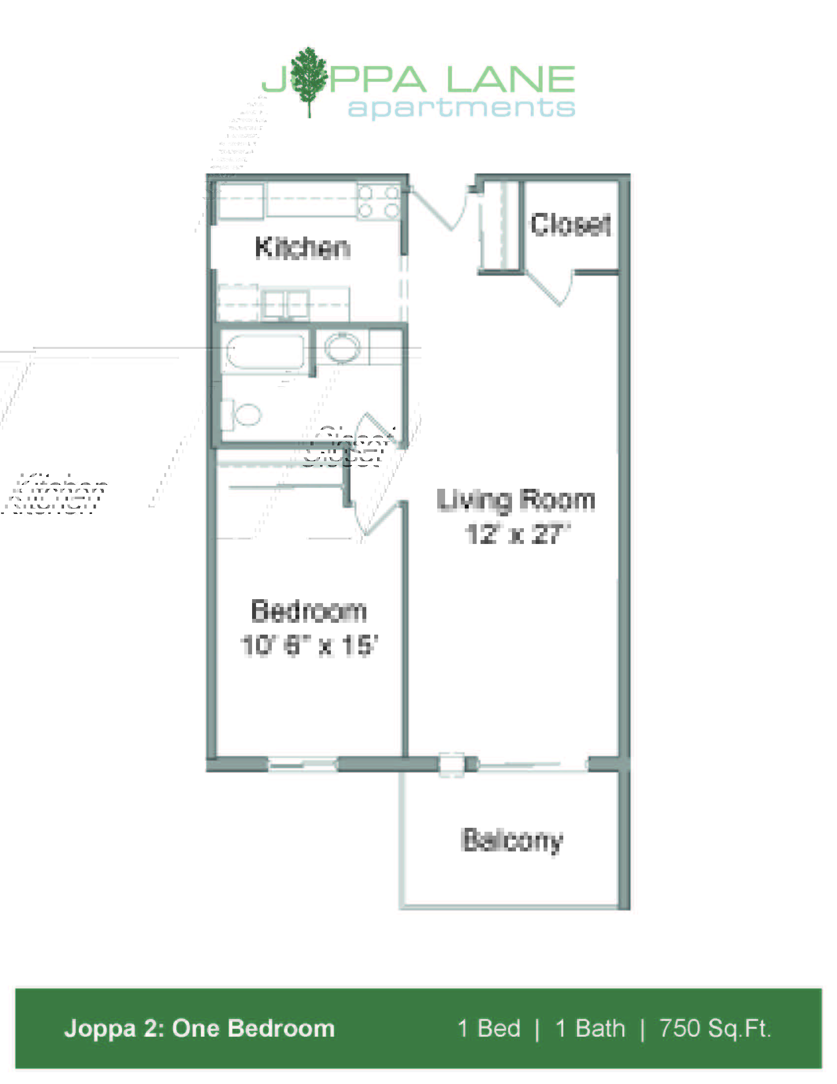 Floor plan for 1 bed, 1 bath, 750 sqft
