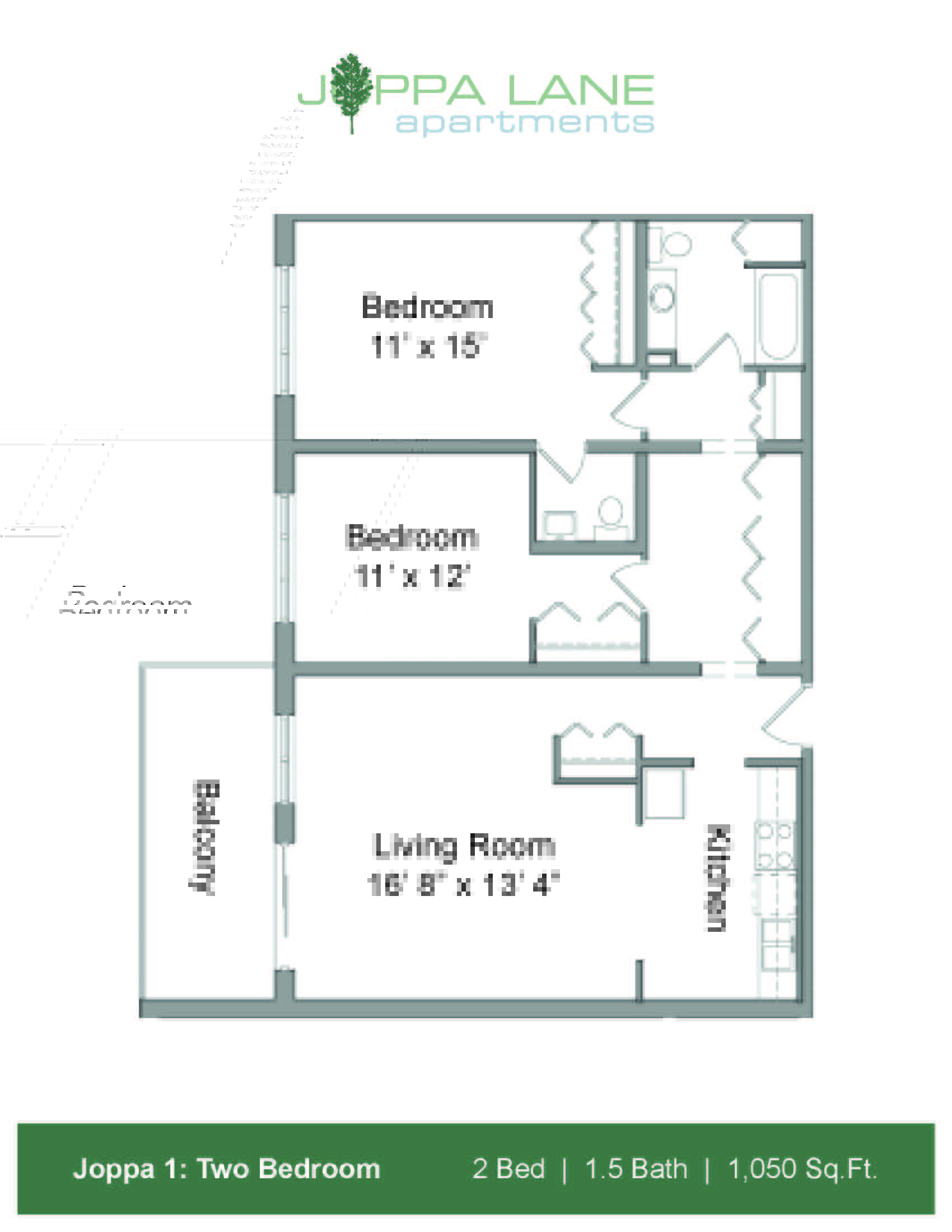 Floor plan for 2 beds, 1.5 baths, 1050 sqft