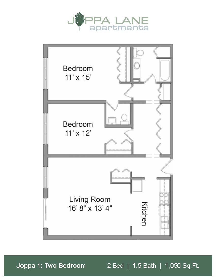 Floor plan for 2 beds, 1.5 baths