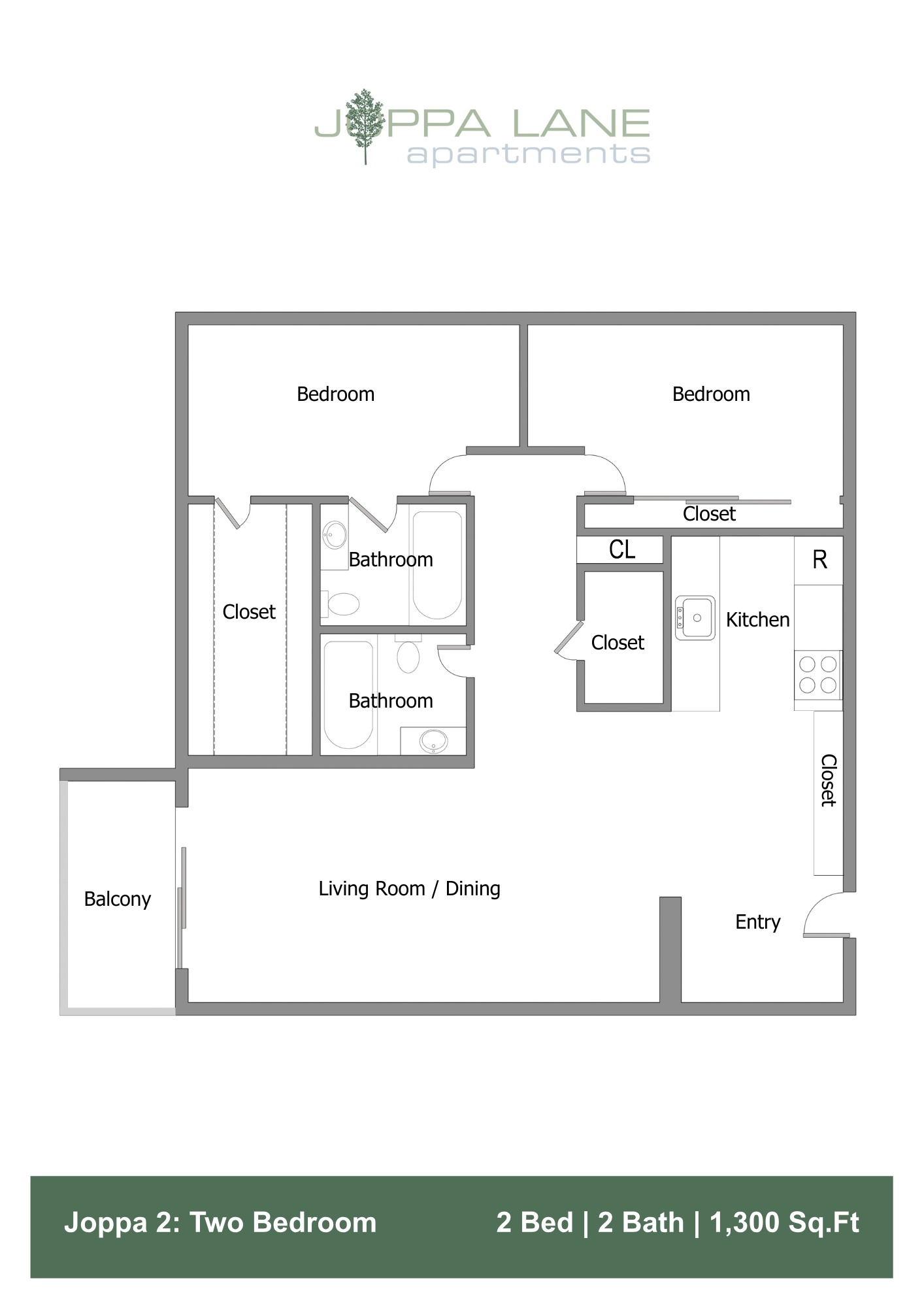 Floor plan for 2 beds, 2 baths, 1300 sqft