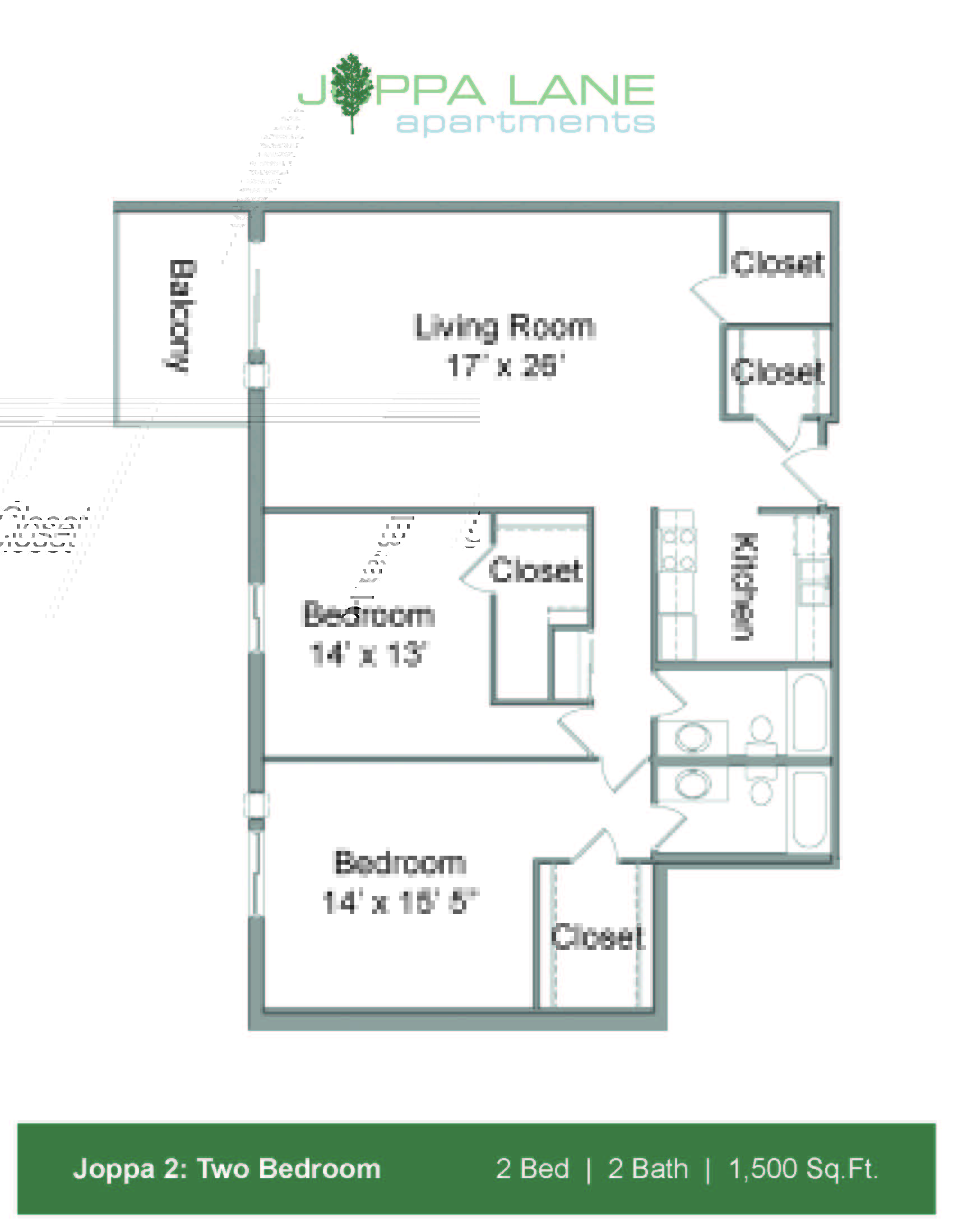 Floor plan for 2 beds, 2 baths, 1500 sqft