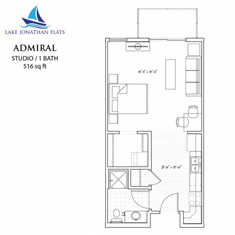 Floor plan for studio, 1 bath, 516 sqft