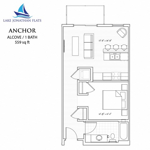 Floor plan for studio, 1 bath, 559 sqft