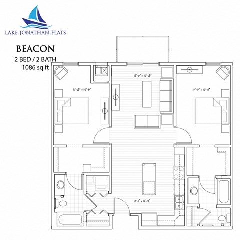 Floor plan for 2 beds, 2 baths, 1086 sqft