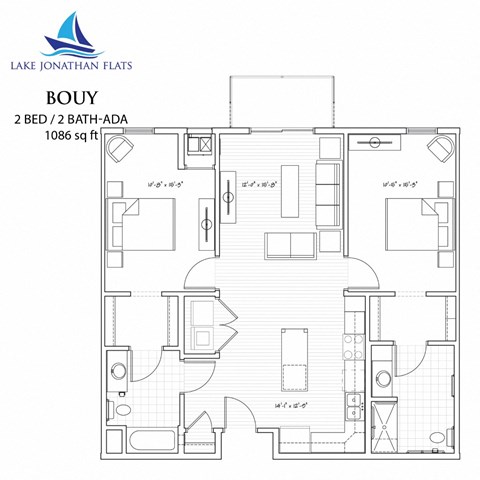 Floor plan for 2 beds, 2 baths, 1086 sqft