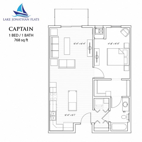 Floor plan for 1 bed, 1 bath, 768 sqft