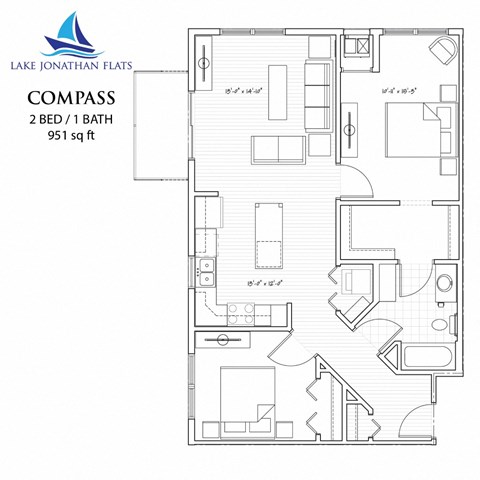 Floor plan for 2 beds, 1 bath, 951 sqft