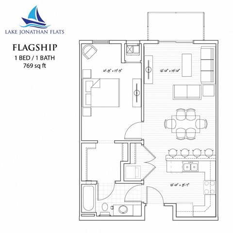 Floor plan for 1 bed, 1 bath, 769 sqft