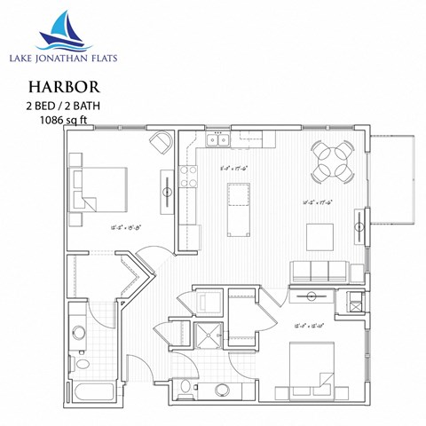 Floor plan for 2 beds, 2 baths, 1086 sqft