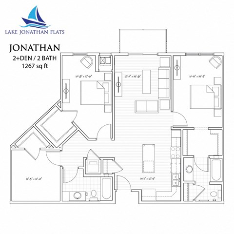 Floor plan for 2 beds, 2 baths, 1267 sqft