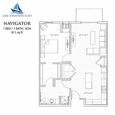 Floor plan for 1 bed, 1 bath, 811 sqft