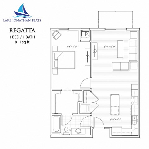 Floor plan for 1 bed, 1 bath, 811 sqft
