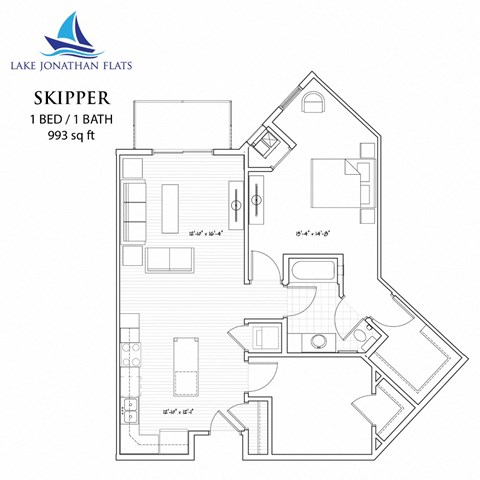 Floor plan for 1 bed, 1 bath, 993 sqft