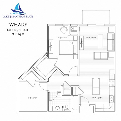 Floor plan for 1 bed, 1 bath, 950 sqft