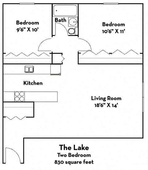 Floor plan for 2 beds, 1 bath, 830 sqft