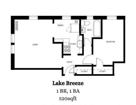 Floor plan for 1 bed, 1 bath, 520 sqft