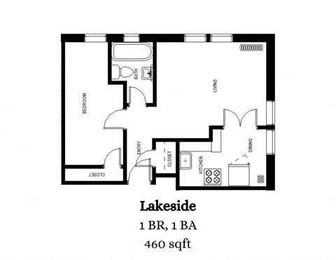 Floor plan for 1 bed, 1 bath, 460 sqft