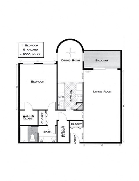 Floor plan for 1 bed, 1 bath, 1000 sqft