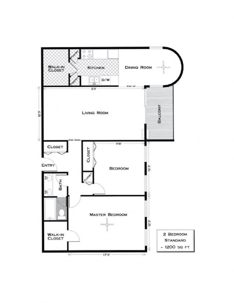 Floor plan for 2 beds, 1 bath, 1200 sqft