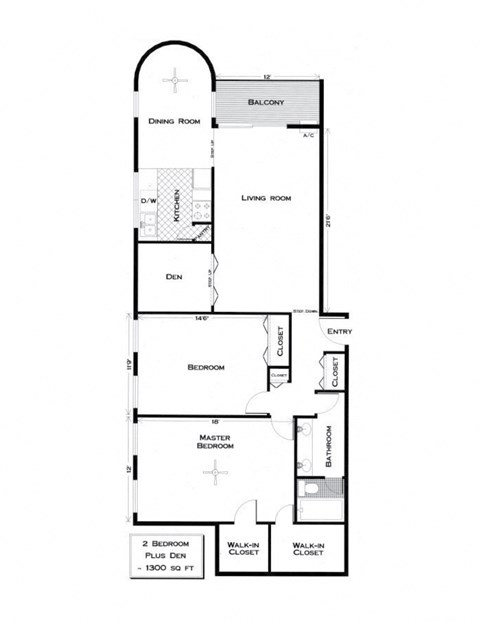 Floor plan for 2 beds, 1 bath, 1300 sqft