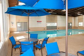 Brooklyn Park apartment for rent - a large swimming pool with blue chairs and umbrellas