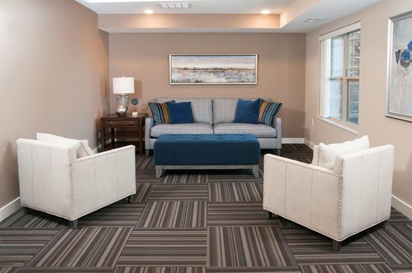 Lakeville apartment for rent - a living room with a blue couch and two white chairs