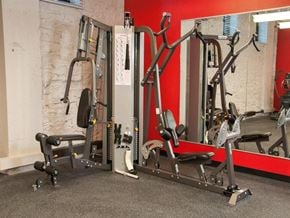 Minneapolis apartment for rent - A gym with a variety of equipment including a leg press machine and a chest press machine at The Cameron North Loop, Minnesota
