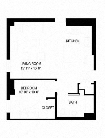 Floor plan for 1 bed, 1 bath, 622 sqft