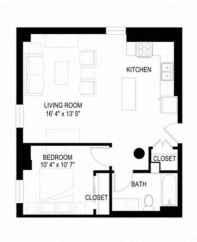 Floor plan for 1 bed, 1 bath, 619 sqft