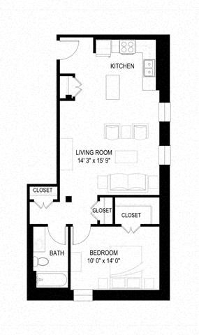 Floor plan for 1 bed, 1 bath, 701 sqft
