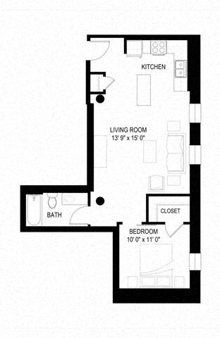 Floor plan for 1 bed, 1 bath, 611 sqft